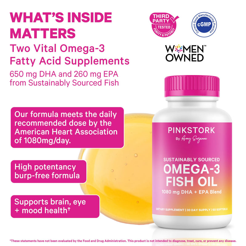 Pink Stork Omega 3 Fish Oil Supplements for Women, 60 Softgels | DHA + EPA, High Potency, Burpless, Mental Clarity, Cognitive Health, Fetal Brain + Nervous System Development, 2 Month Supply