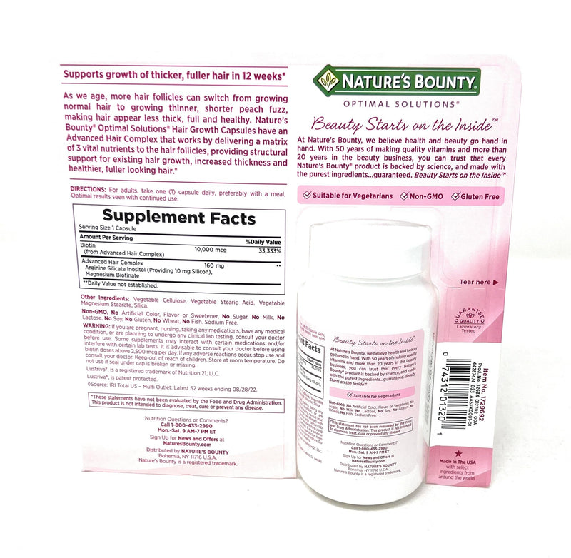 Nature's Bounty Hair Growth Supplement, 1 Per Day, Clinically Shown to Support Thicker, Fuller Hair, with Biotin, Silicon & Arginine, 90 Capsules