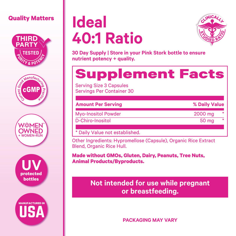 Pink Stork Inositol Supplement for Women – 40:1 Myo-Inositol & D-Chiro Inositol – Hormone Balance for Women – Healthy Ovulation & Fertility Support – Cycle Regularity & Metabolic Wellness, 30 Servings 90 Count (Pack of 1) - BeesActive Australia