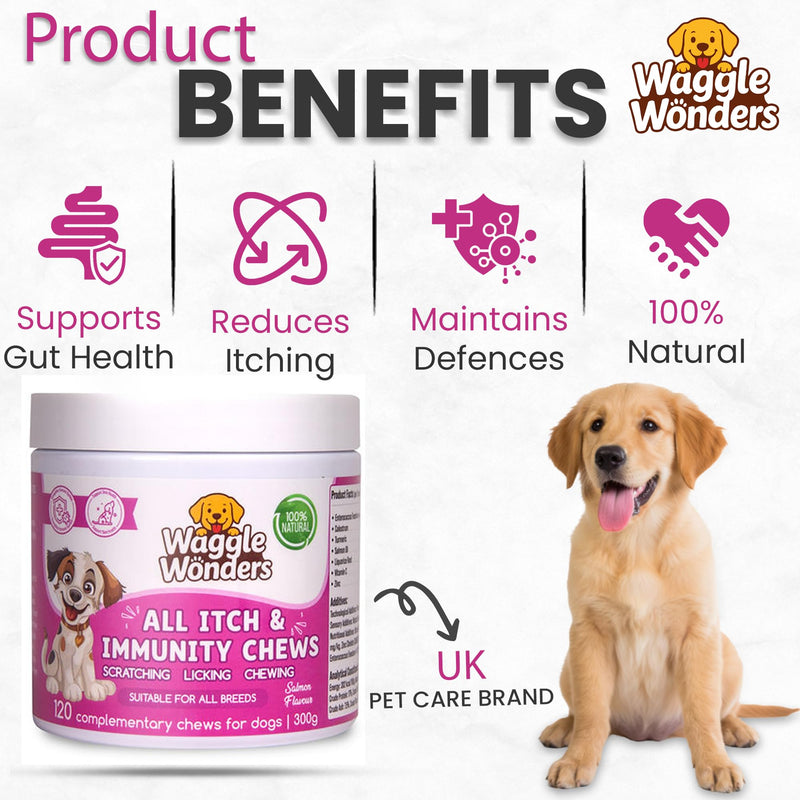 Dog Treats for Itchy Skin - All Itch & Immunity Dog Chews with Salmon Oil, Probiotics & Colostrum, Scratching, Licking & Chewing, 120 Chews