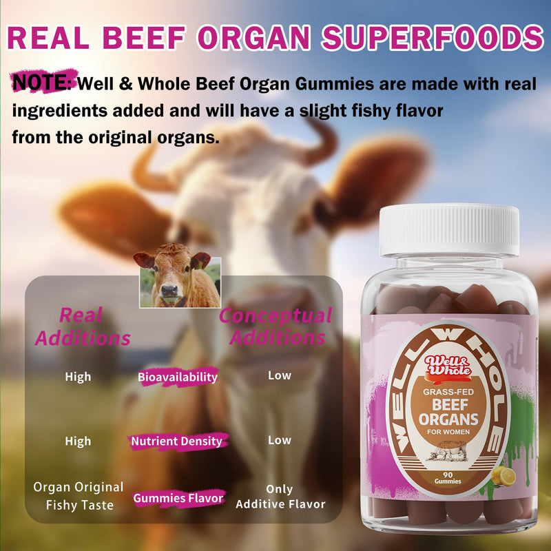 Beef Organ Supplement for Women, Gummies with Grassfed Beef Organ, 90 Cts | Grassfed Bovine Organ Gummies, Sugar-free & No Artificial Additives, Hormone Balance Support, Chewable, No Pills/ Powder