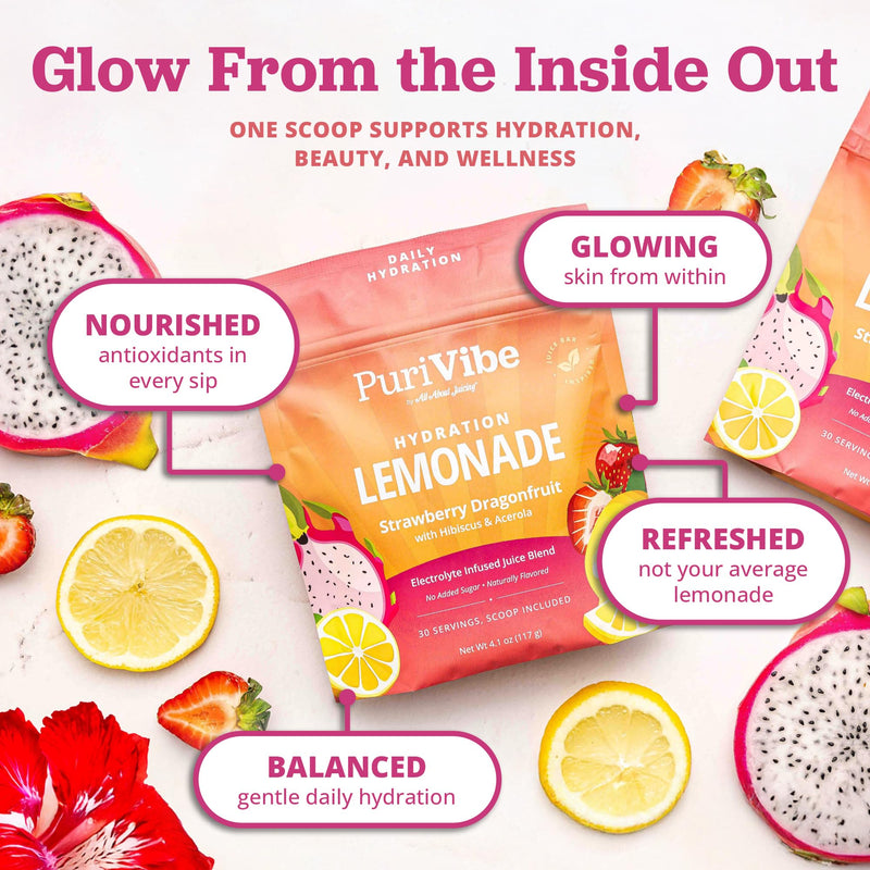 PuriVibe Hydration Lemonade Electrolyte Powder, Strawberry Dragonfruit | Juice Bar-Inspired Hydration Lemonade with Gentle Electrolytes, Real Fruit Powders, Hibiscus, Acerola, and Vitamin C
