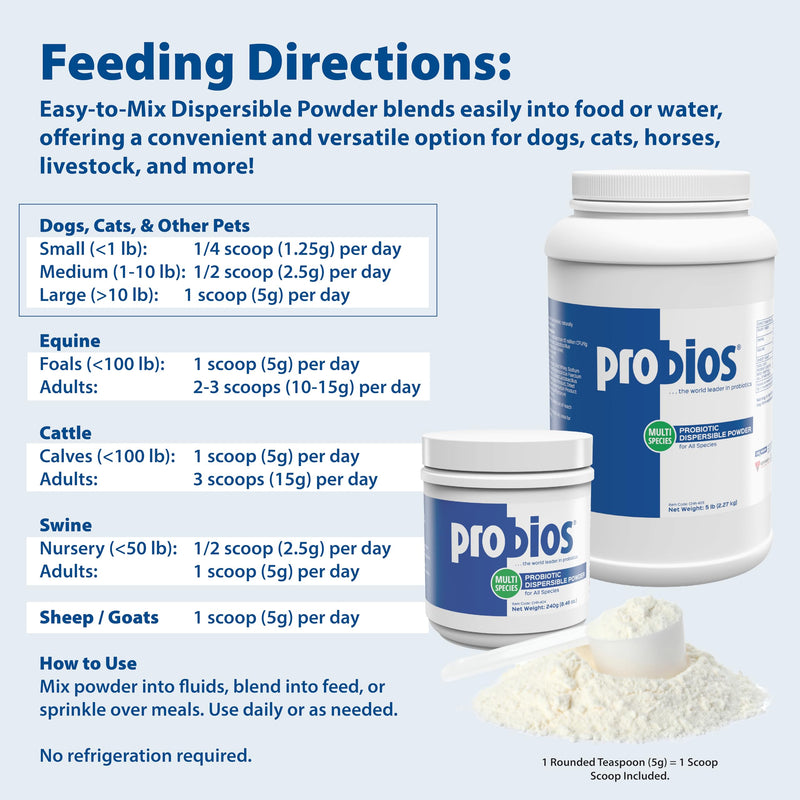 Probios Digestive Support Probiotic for Dogs, Horses, Cats, Gut Health Powder for All Species, Daily Supplement for Digestion Immune Support, 240 Grams (Pack of 2) 8.46 oz (Pack of 2)