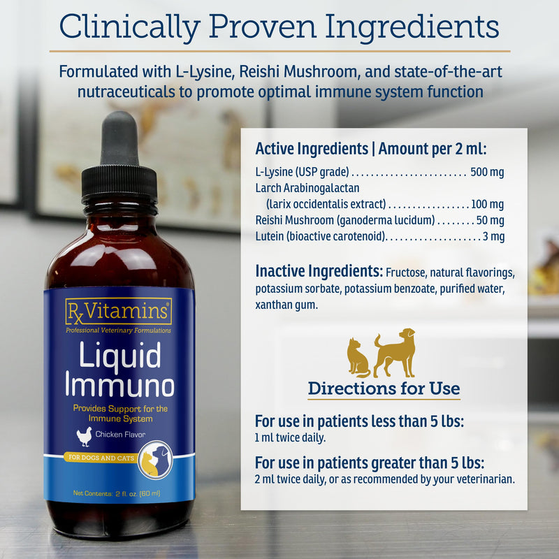 Rx Vitamins Liquid Immuno - with L-Lysine for Cats and Dog Health - Reishi Mushroom Supplement for Dogs & Cat Immune Support - Vitamins for Dogs and Dog Eye Supplements with Lutein - Chicken (2oz) New Label