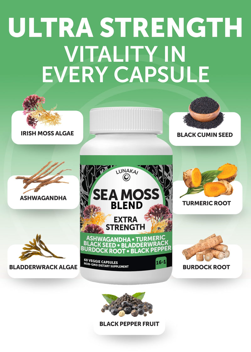 Lunakai USA Made Irish Sea Moss Capsules with Black Seed Oil, Ashwagandha, Burdock Root & Bladderwrack, 60ct