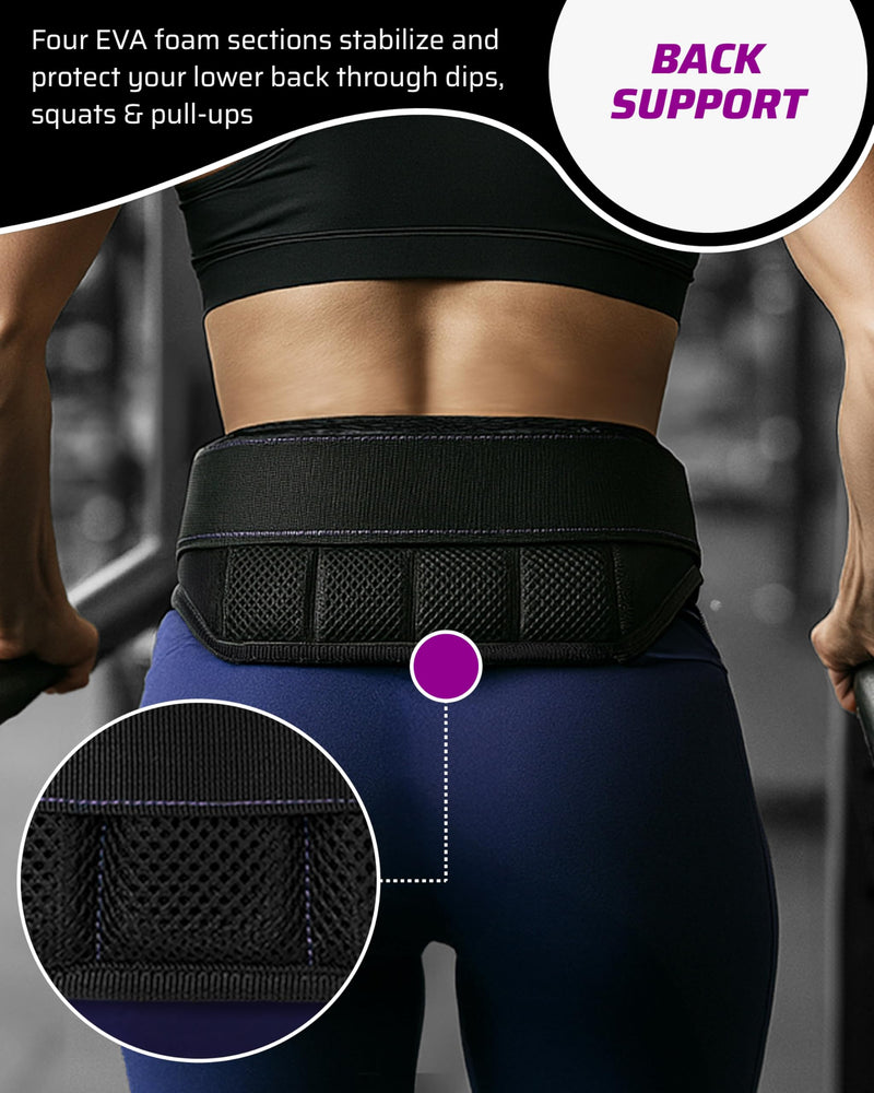 Women’s Weighted Dip Belt – For Pull-Ups, Dips & Squats | Hip-Hugging No-Pinch Fit, No-Slip Buckle | Sleek Black with Purple Stitching, 2 Straps & 2 Hooks Included