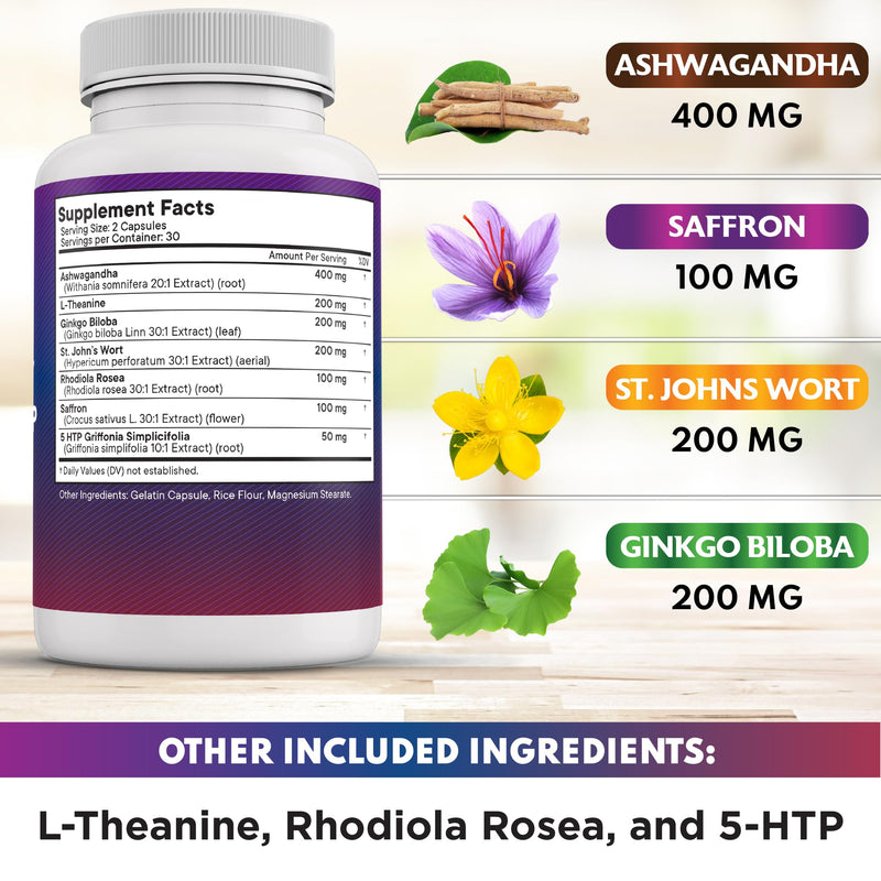 NEW AGE Saffron Supplements with Ashwagandha - Support with L-Theanine, Ginkgo Biloba, St. John's Wort, Rhodiola Rosea & 5-HTP - Saffron 120 Count 120 Capsules (Pack of 2) - BeesActive Australia
