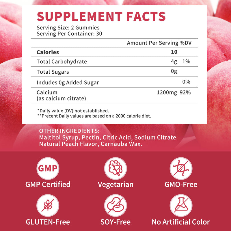 (2 Pack) Calcium Citrate 1200 mg Gummies Supplements for Women & Men,Pure Calcium Citrate Gummies for Bone, Muscle & Immune Support - Easy to Digest, Sugar Free,Vegan,Peach Flavor,60 Day Supply 60 Count (Pack of 2)