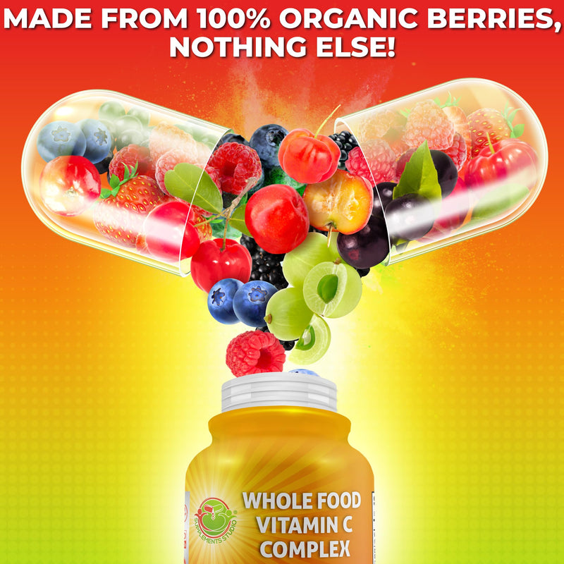 Whole Food Vitamin C Complex - 1450mg Organic Berries - 675 mg Vitamin C per Serving, High-Potency Antioxidant & Immune Support with Acerola, Amla and Natural Bioflavonoids - Vegan, Non-GMO, 120 Count Organic Vitamin C Capsule 675mg - 120 ct
