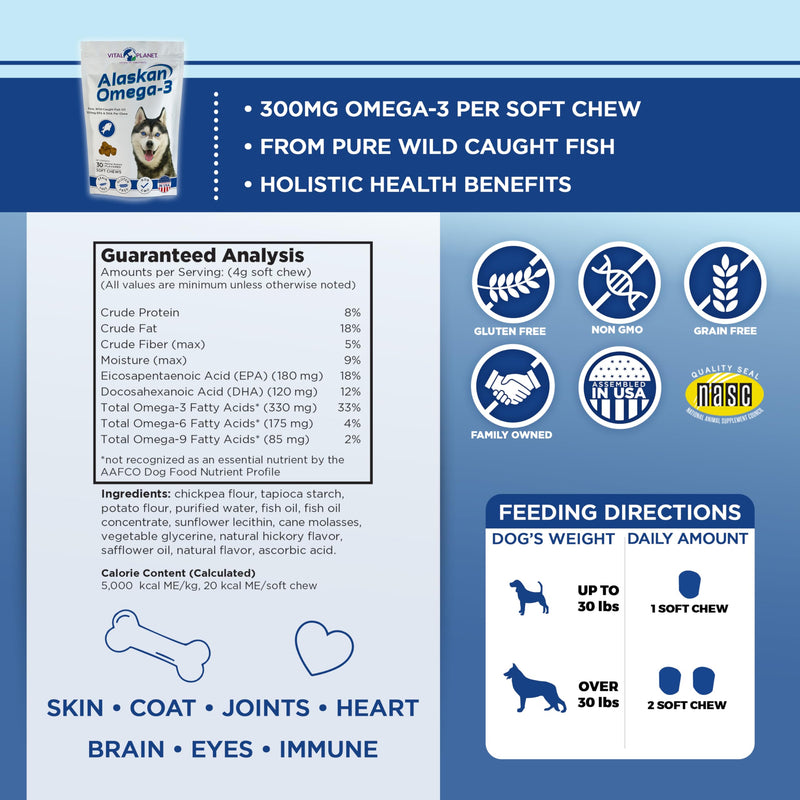 Vital Planet - Alaskan Omega-3 Soft Chews for Dogs, Wild Alaskan Fish Oil – 30 Hickory Flavored Soft Chews - PawsPlanet Australia