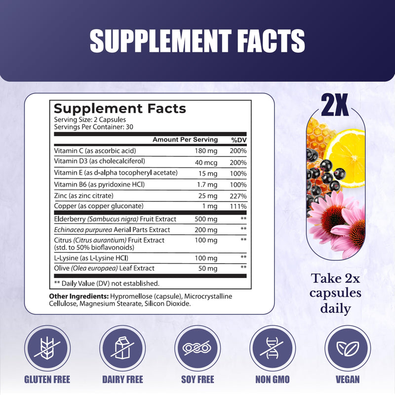ImmunoMD | Immune Support Supplement | Provides year-round immune system support, Elderberry, Zinc, Vitamins C, D3, E, 30 Days Supply, 60 Capsules