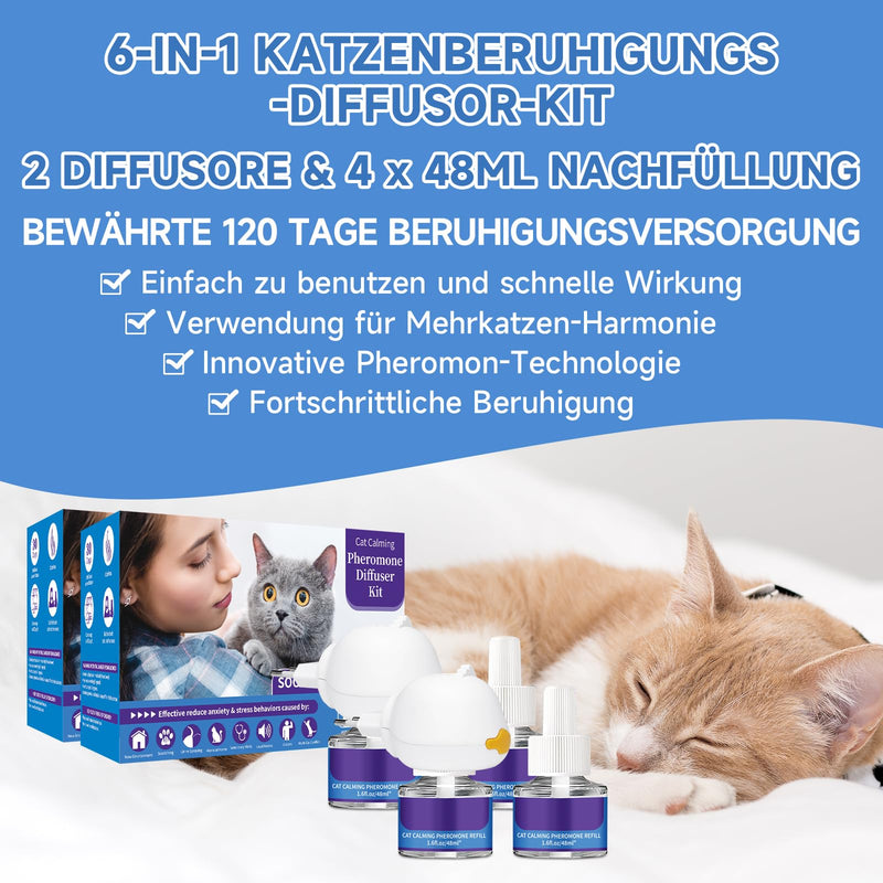 VICSOM 6 IN 1 cat pheromone diffuser, 120 days pheromone cat diffuser, diffuser for cats for lasting relaxation, relief from anxiety and stress (2 diffusers + 4x48ml refills) 2 diffusers + 4 refills - BeesActive Australia