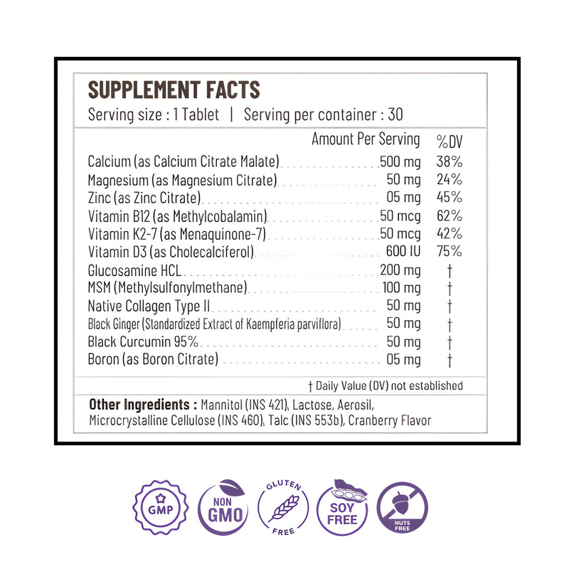 12-in-1 Calcium & Collagen Supplement – Glucosamine, MSM, D3, K2-7, B12, Magnesium – 30 Tablets – Non-GMO, Gluten-Free, Soy-Free