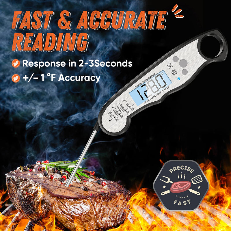 Digital Meat Thermometer, Waterproof Instant Read Food Thermometer for Cooking and Grilling, Kitchen Gadgets, Accessories with Backlight & Calibration for Candy, BBQ Grill, Liquids, Beef, Turkey… Black - Sliver