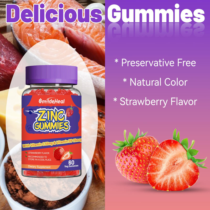 Zinc Gummies, Zinc 50mg, Zinc Citrate, with Vitamin C, Vitamin D3, 60 Count | Zinc Gummies, Zinc 50mg, Zinc Citrate, with Vitamin C, Vitamin D3, Strawberry Flavor Gummies, 60 Count 60 Count (Pack of 1)