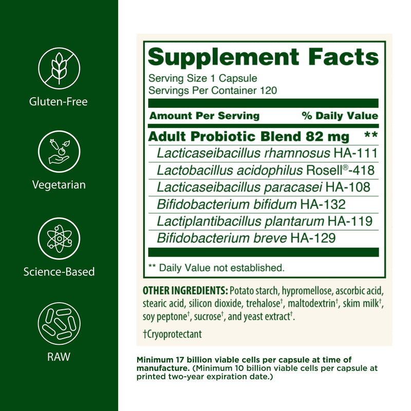 FloraHealth Adult's Probiotic, 6 Strains, 17 Billion CFU, 120 Veg Caps | Six Adult-Specific Strains, Gluten Free, Raw Probiotic with 17 Billion Cells Unflavored 120 Count (Pack of 1)