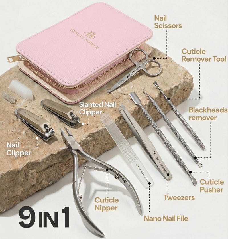 Beauty Power 9 in 1 Professional Manicure Pedicure Set - Stainless Steel Nail Clippers, Nano File, Cuticle Nipper, Scissors, Tweezers, Travel PU Leather Case for Men & Women - Gift Idea - Pink - BeesActive Australia