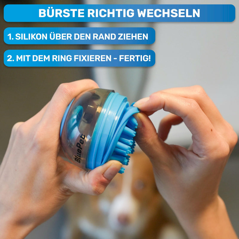 BluePet Fillable bath brush for dog shampoo I Massage shampoo & stimulating massage I Remove dirt & loose fur I Includes 2x attachments (soft + firm) for all breeds & fur types Individual bath brush - BeesActive Australia