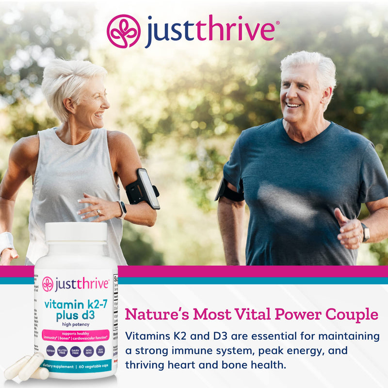 Just Thrive Vitamin K2-7 Plus D3 Supplement for Immune, Heart & Bone Health | 60 vegetable capsules, Vitamin K2-7 plus D3, Supports immune health, cardiovascular wellness, strong bones and daily vitality