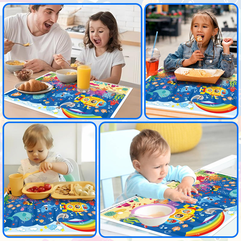 Sticky Disposable Placemats 40Pack: 12" x 18" Adhesive Table Mats for Baby,Plastic Travel Placemats for Restaurant High Chair Eating(Animal Space Ocean Dinosaur Theme) 12x18 Inch (Pack of 40)