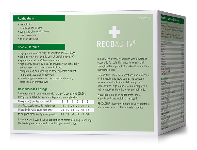 RECOACTIV Recovery Immune for cats, 3 x 90 ml, high-calorie complete diet food for cats suffering from malnutrition and during recovery, to promote weight gain, and for pets who refuse to eat