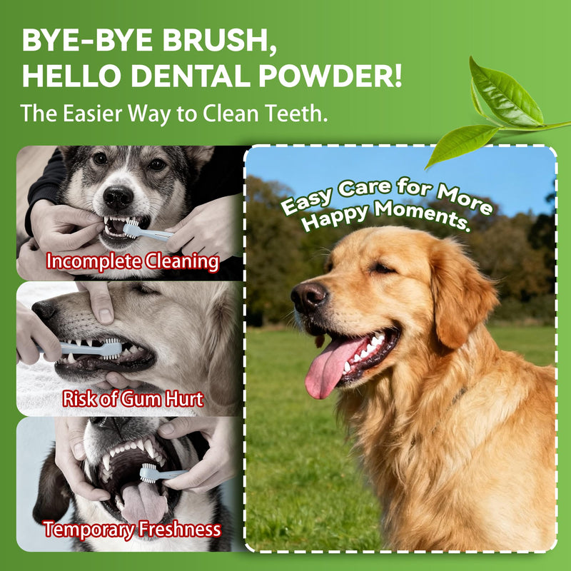 Pet Dental Cleaning Powder & Patented Hair Remover Glove Bundle: No-Brushing Oral Care for Fresh Breath, Plaque Support & Reusable Five-Finger Grooming Mitt for Furniture, Carpet, Couch