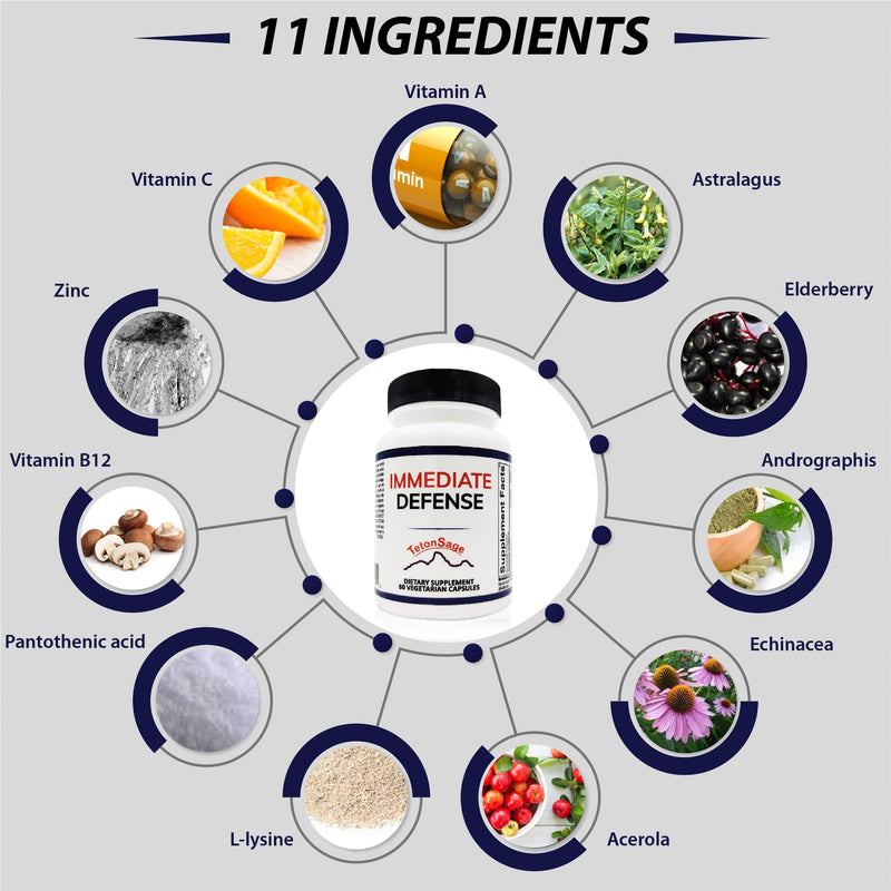 Immediate Defense Immune Support - Zinc, Black Elderberry, Echinacea, Vitamin A & C with B12, | Powerful Immunity Booster for Adults | Immune System Booster Supplement 60 Capsules