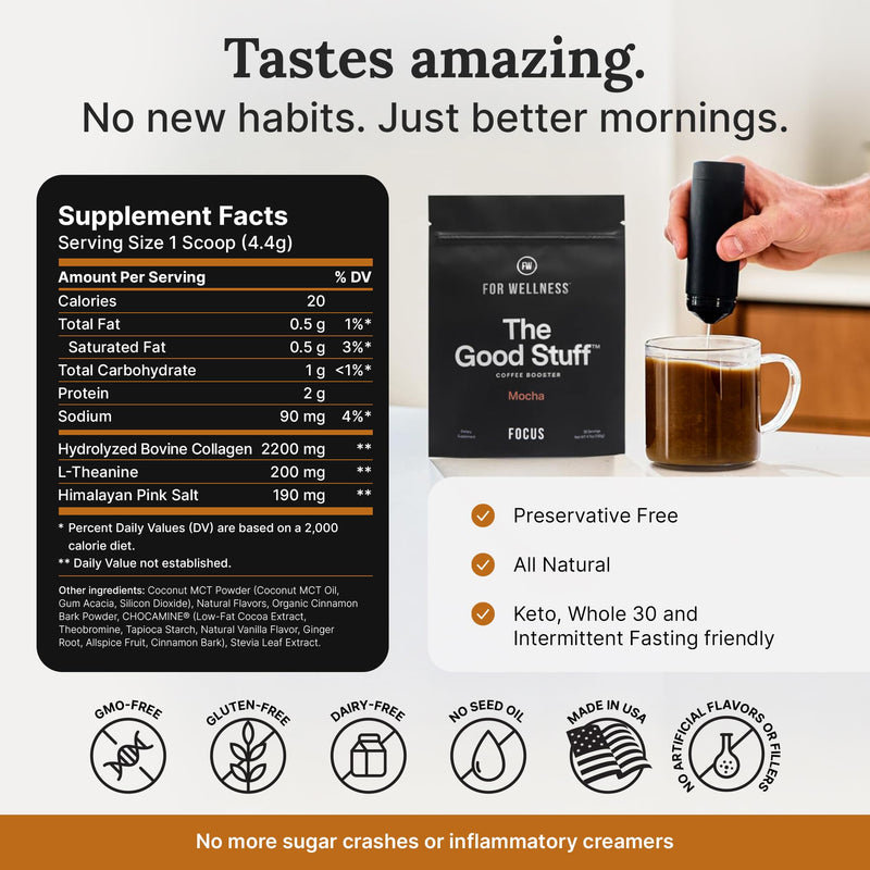 For Wellness The Good Stuff Focus ‚Äì Mocha Coffee Booster | Nootropic Collagen Creamer with MCTs for Focus, Energy & Wellness | Non-Dairy, Keto-Friendly, 30 Servings Focus Blend - 30 Serving Pouch - BeesActive Australia
