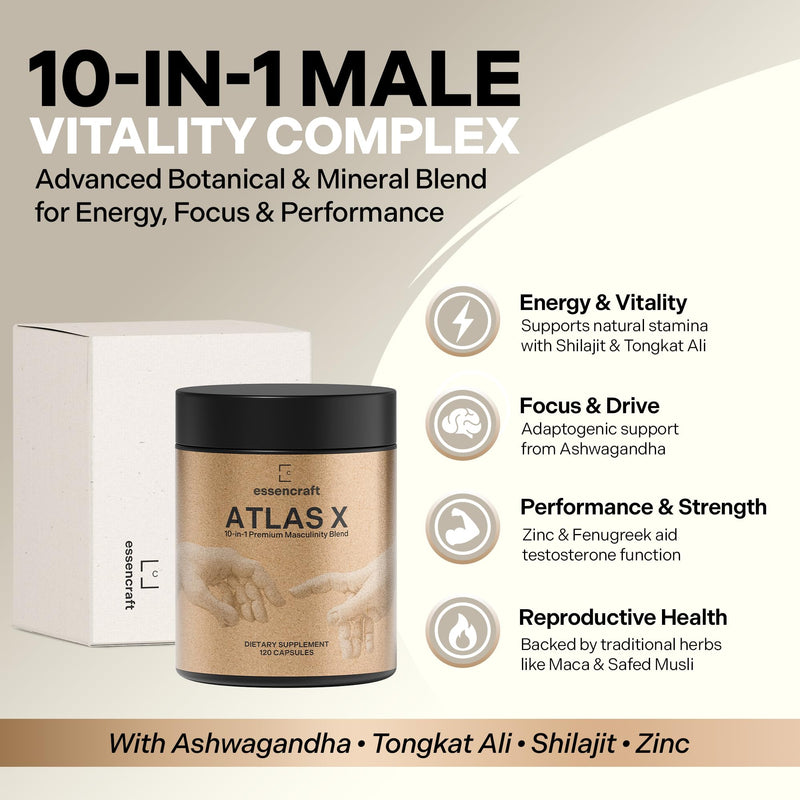 Essencraft Atlas X Testosterone Supplement for Men – 10-in-1 Natural Testosterone Booster & Muscle Booster w/Shilajit, Zinc, Tongkat Ali, & More (120 Capsules) 1