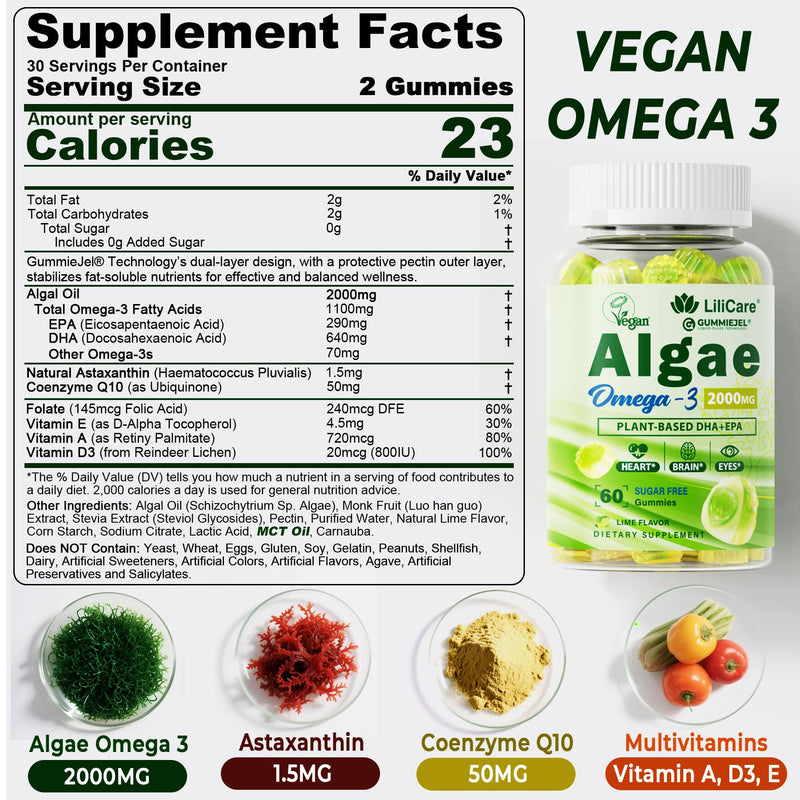 Omega 3 Gummies 2200mg from Algae Oil (DHA 640mg & EPA 290mg) for Women & Men, Vegan Omega 3 Fish Oil Alternative, w/CoQ10, Astaxanthin, Vitamin A, E, D3 for Brain, Eye, Antioxidant, Sugar Free, 1Pack 60 Count (Pack of 1)