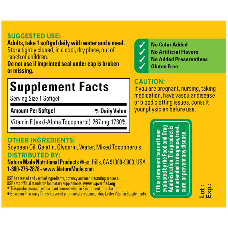 Nature Made Vitamin E 267 mg (400 IU) d-Alpha, Dietary Supplement for Antioxidant Support, 100 Softgels, 100 Day Supply - BeesActive Australia