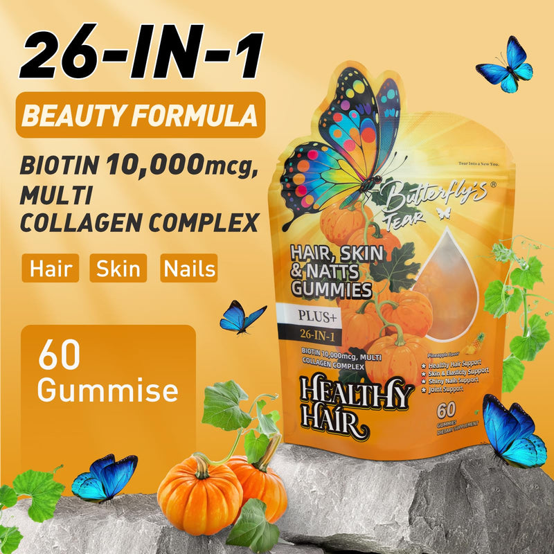BUTTERFLY'S TEAR Hair Skin & Nails Gummies with Biotin 10000 mcg, Collagen Complex, Supports Healthy Hair，Hair Growth Support for Men & Women & Healthy Skin, Stronger Shiny Nails, (60 Count)