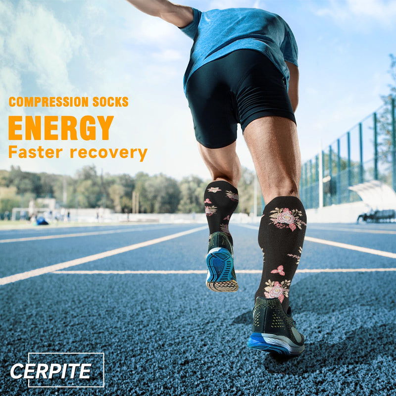 cerpite Compression Socks for Women & Men 6 Pairs Knee High Compression Socks 20-30 mmhg Best for Running,Nurse,Travel Large-X-Large Assorted - 17