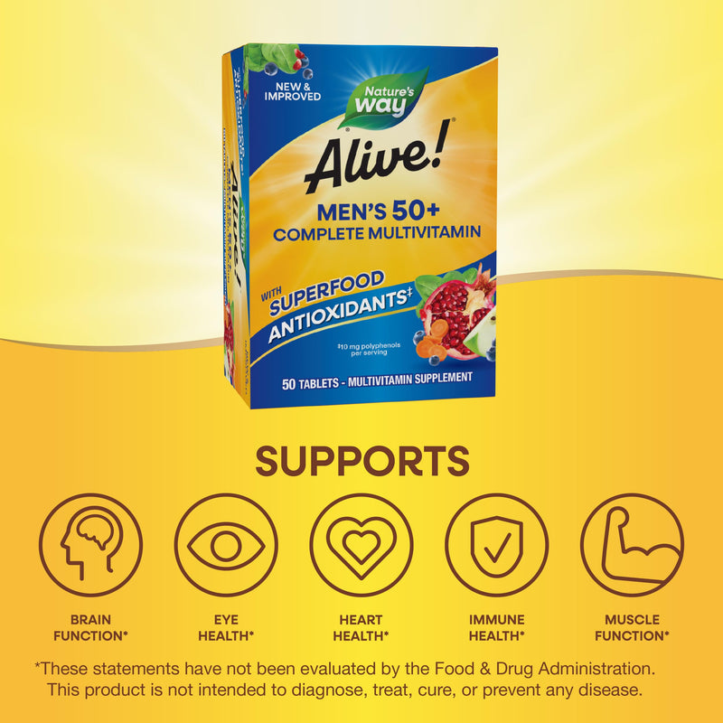 Nature's Way Alive! Men’s 50 Plus Multivitamin Complete Tablets, 50 ct | Daily Multivitamin for Men Over 50, Supports Cellular Energy Metabolism, Heart, Muscle & Eye Health*, High Potency Vitamins 50 Count (Pack of 1)