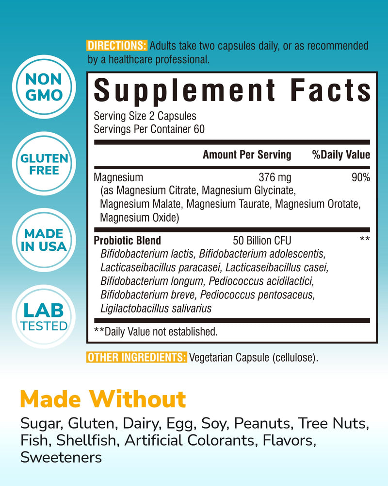 Vitalibre Probiotic with Magnesium Complex for Women Men, 50 Billion CFU, 9 Strains, Magnesium Glycinate Citrate Malate for Digestion, Immunity, Bone, Energy & Recovery, 120 Vegan Capsules, Non-GMO Unflavored 120 Count (Pack of 1)