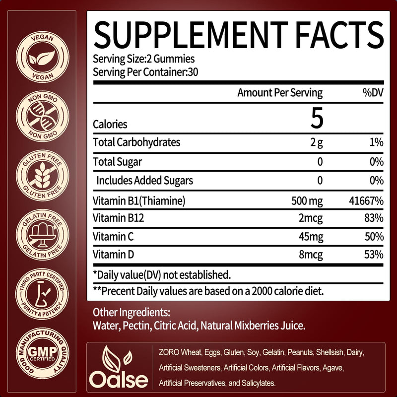 2 Pack Vitamin B1 Gummies, 500mg Vegan Sugar Free Thiamine B1 Supplement | Thiamine Gummies with B12 for Adults & Kids, Mixed Berries Flavor,120 Counts Focus Supplement 120 Count (Pack of 1)