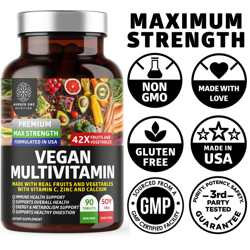 N1N Premium Plant Based Multivitamin [42 Powerful Ingredients] Men & Women Daily Multivitamins with Raw Veggies and Fruits, Probiotics, Alfalfa, Echinacea, Spirulina and Digestive Enzymes, 90 Tablets