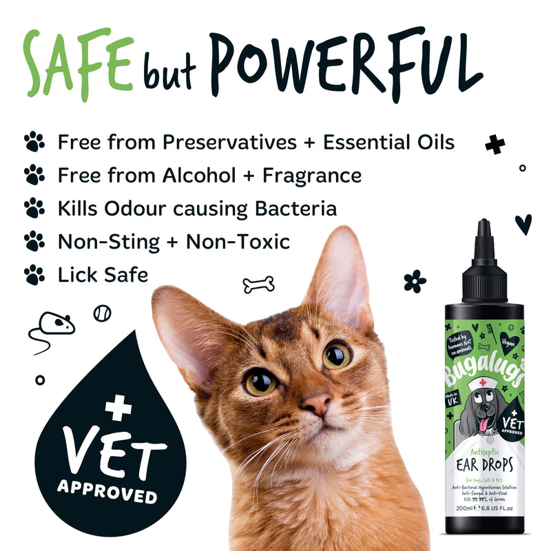 BUGALUGS Antiseptic Ear Drops 200ml – Ear Disinfection, Kills bacteria, Stops Odours, Scratching & Discomfort, Anti-fungal (Yeast), Veterinary-grade, for Dogs, Cats & all other animals Dog 200ml