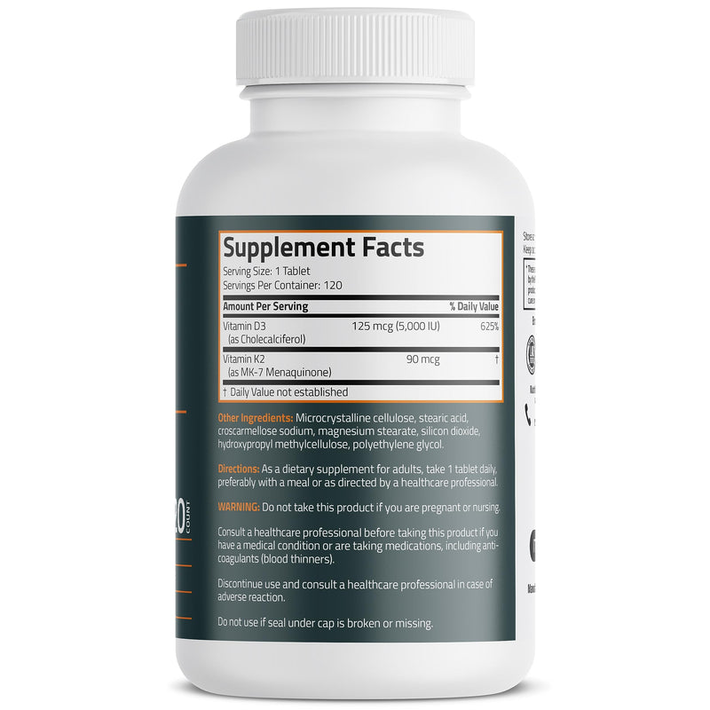 Bronson Basics Vitamin K2 D3 (MK7) Supplement Non-GMO Formula 5000IU (125 mcg) Vitamin D3 & 90 mcg Vitamin K2 MK-7 Easy to Swallow Vitamin D & K Complex, 120 Tablets Unflavored 120 Count (Pack of 1) - BeesActive Australia