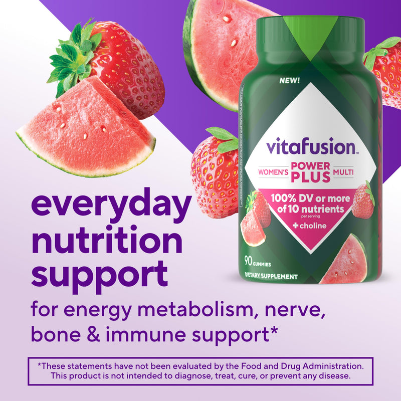 Vitafusion Power Plus Women’s Multivitamin Gummies,100% Daily Value or More of 10Nutrients,HelpsSupport Nerve,Energy Metabolism,Bone & Immune Health,Strawberry & Watermelon Flavor,90 Count (Pack of 2) 90 Count (Pack of 2) Power+ Women's Multivitamins