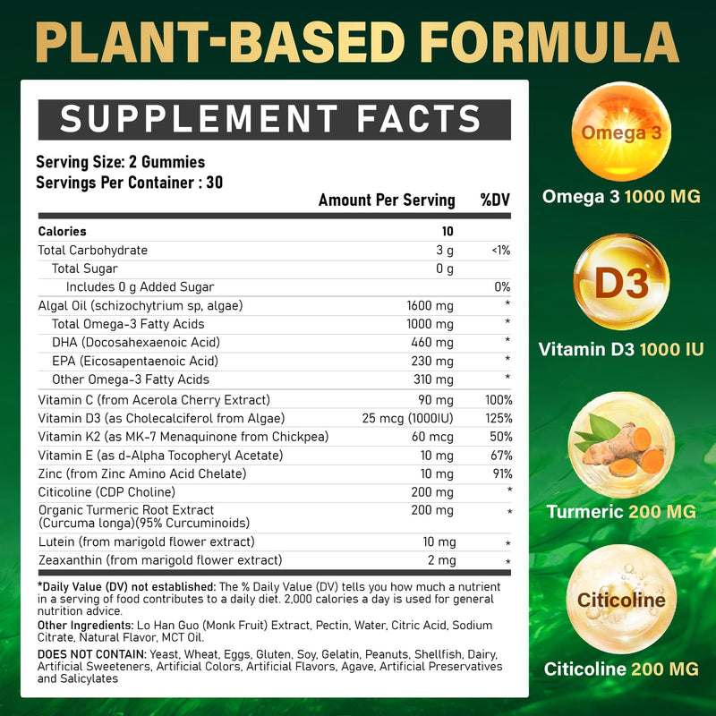 Omega-3 Supplement Gummies for Women & Men - 1000mg Vegan Omega3 | DHA & EPA with Turmeric, Vitamin D3, K2, Citicoline - Algae Oil Omega 3 Fatty Acid Supplements, Sugar-Free, Gluten Free Mango 60 Count (Pack of 2)