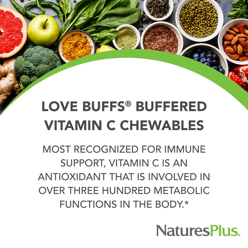 NaturesPlus Love Buffs - 90 Chewable, Heart-Shaped Tablets - 250mg Buffered Vitamin C - Vegan, Gluten Free - 90 Servings