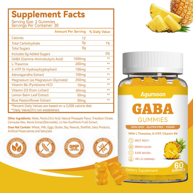 GABA Gummies for Women & Men - Sugar-Free GABA Supplement Gummies with L-Theanine, 5-HTP, Ashwagandha, Magnesium Glycinate, Vitamin B6, Vitamin D3 - Pineapple Flavor, Vegan, 60 Gummies