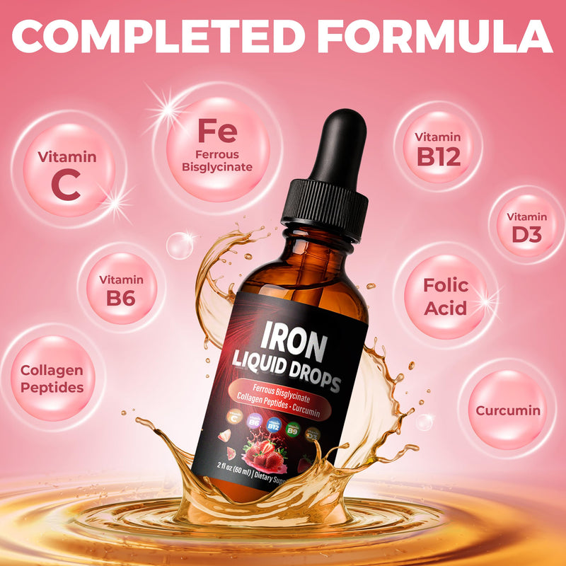 Liquid Iron Drops – with Vitamin C, B6, B12, Folic Acid, & Collagen | Strawberry Flavor - 2 Fl. Oz (60ml) 2 Fl Oz (Pack of 1)