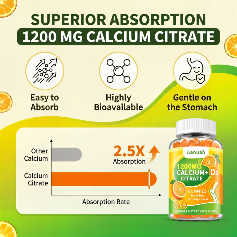(2 Pack) Calcium Citrate 600-1200 mg with Vitamin D3 Gummies for Women Men | Calcium Supplements For Bone & Teeth Support, High Absorption, Easy to Digest, Sugar Free, Vegan, Orange Flavor,60 Day Supply 60 Count (Pack of 2)
