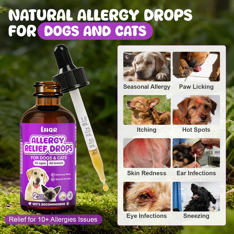 Liquid Dog Allergy Drops for Itchy Skin & Paws, Seasonal Allergies, Allergy Relief Drops for Cats Immune, Digestive Support 60mL Natural Cats & Dog Yeast Infection Relief for All Breeds