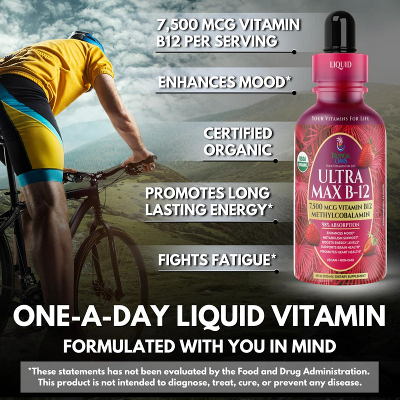 ULTRA MAX B12 | Max Potency 5000mcg Vitamin B12 Sublingual Liquid Drops | Methyl B12 (Methylcobalamin) | Max 98% Absorption Rate | Increase Energy & Metabolism*| Vegan, Non-GMO, Strawberry flavor -4oz