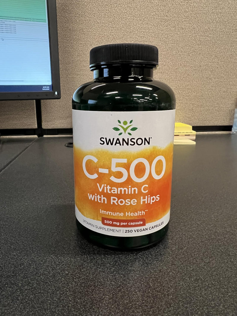 Swanson Vitamin C with Rose Hips, 500mg Each, 250 Capsules | Vitamin C and Rose Hips Formula Promoting Cardiovascular and Immune Support, Full Spectrum Plant-Based Formula