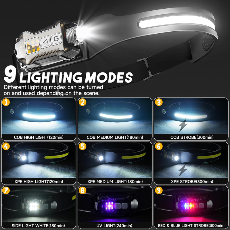 Headlamp Rechargeable 2PCS, 230° Wide Beam Detachable Headlamp Flashlight, LED Headlight Motion Sensor, 9 Mode for Outdoor Camping Fishing Running Hiking