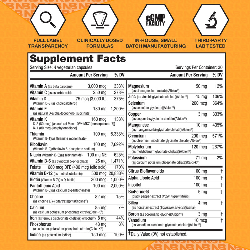 NutraBio Multisport for Men - Mens MultiVitamin - 33 Vitamins, Minerals, Micronutrients - Rich in Antioxidants - Supports Peak Athletic Performance, Energy, Metabolism (120 Vegetable Capsules)